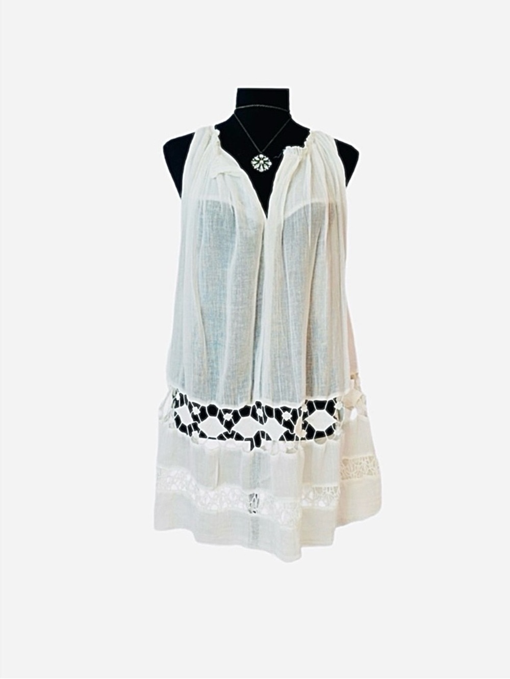 FREE PEOPLE ~ Off White/Cream Sheer Sleeveless Dress/Cover Up Cut Out Hemline